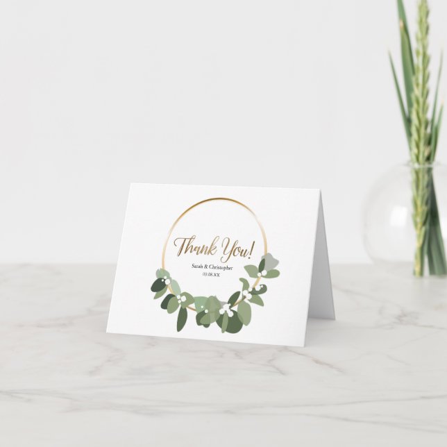 Winter wedding eucalyptus gold wreath simple thank you card (Front)