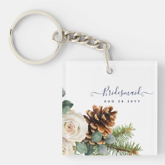 Winter Wedding Eucalyptus Greenery White Roses Key Ring (Front)