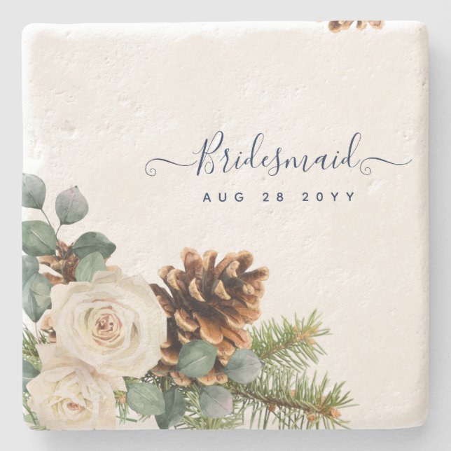 Winter Wedding Eucalyptus Greenery White Roses Stone Coaster (Front)