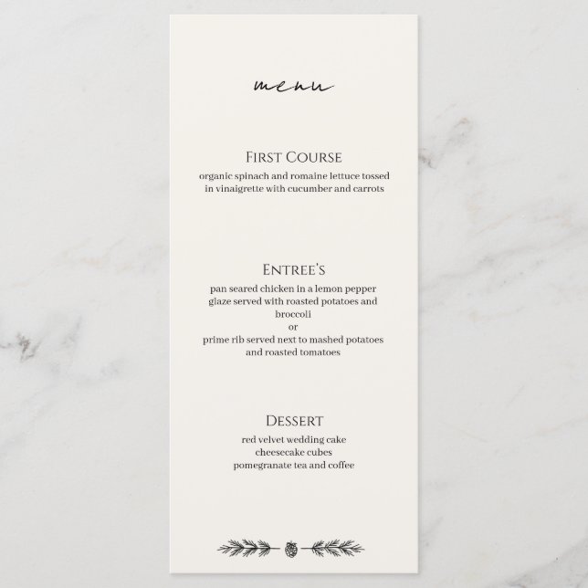 Winter Wedding Event Menu Entree Flat Card (Front)