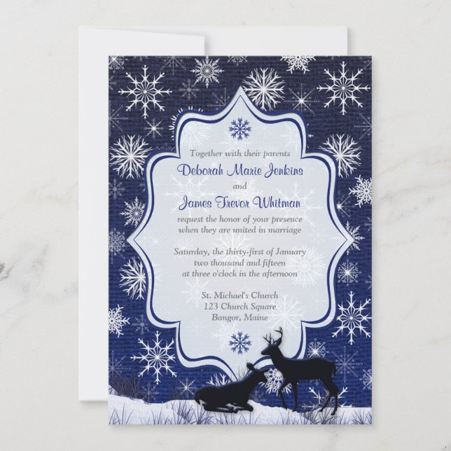 Winter Wedding | FAUX Burlap, Snowflakes, Deer Invitation (Front)
