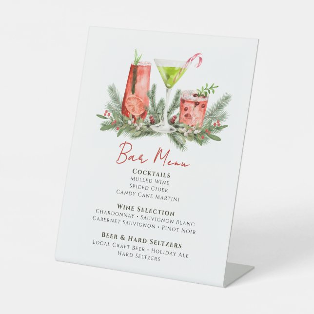 Winter Wedding Festive Drinks Holiday Bar Menu Pedestal Sign (Front)