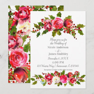 Winter Wedding Floral Holly Berry Leaves Holiday Invitation