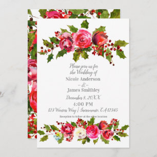 Winter Wedding Floral Holly Berry Leaves Holiday Invitation