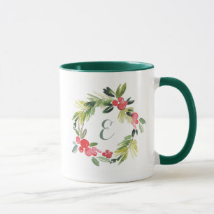 Winter Wedding Floral Watercolor Wreath   Monogram Mug