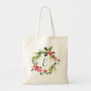 Winter Wedding Floral Watercolor Wreath   Monogram Tote Bag