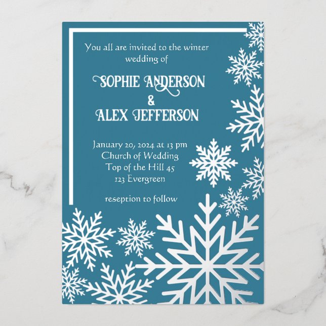 Winter wedding foil snowflakes on tealblue  (Front)