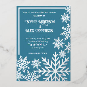 Winter wedding foil snowflakes on tealblue