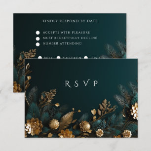 Winter Wedding  Gold Pine Cones Gold Pine Needles RSVP Card