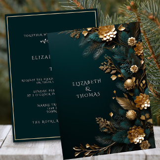 Winter Wedding Gold Pine Cones Green Pine Needles Invitation