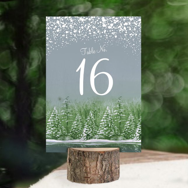 Winter wedding grey green pine trees table numbers (Creator Uploaded)