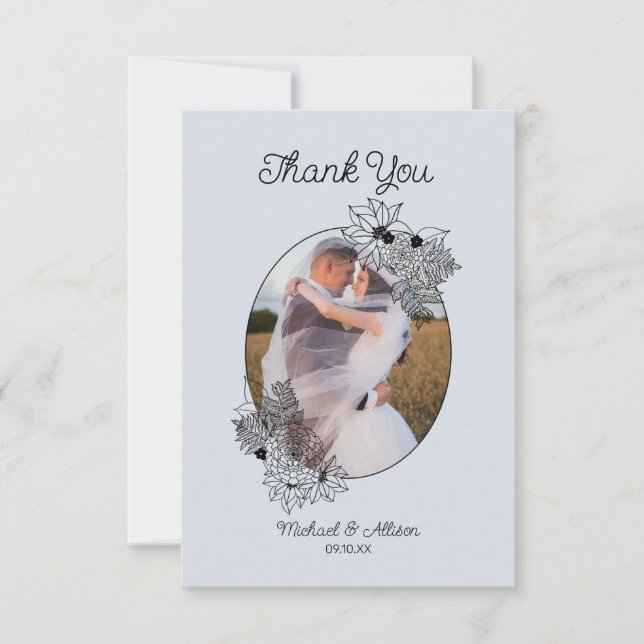 Winter Wedding Hand Drawn Floral Photo Thank You Card (Front)