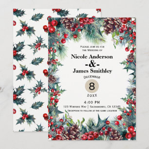 Winter Wedding Holiday Christmas Berries Pine Cone Invitation