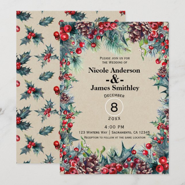 Winter Wedding Holiday Christmas Berries Pine Cone Invitation (Front/Back)