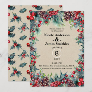 Winter Wedding Holiday Christmas Berries Pine Cone Invitation