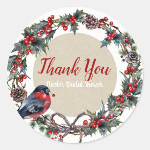 Winter Wedding Holiday Christmas Holly Berry Bird Classic Round Sticker