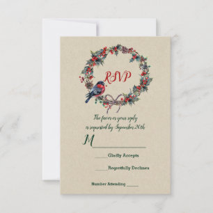 Winter Wedding Holiday Christmas Holly Berry Bird Invitation