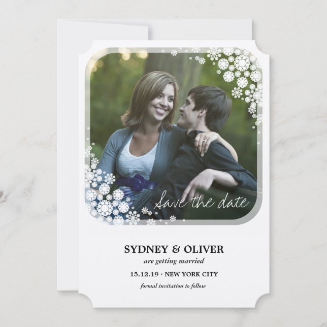 Winter Wedding Holiday Snowflakes Save The Date Invitation (Front)