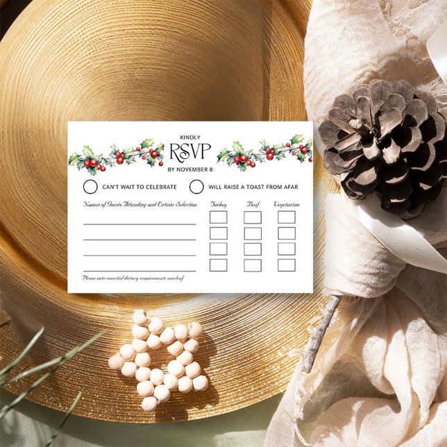 Winter Wedding Holly and Red Berries Entrée RSVP Card (RSVP with Entree Selection from the Holly Bells Wedding Collection by Darling & May)