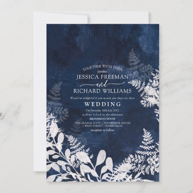Winter wedding ice and navy, invitation (Front)