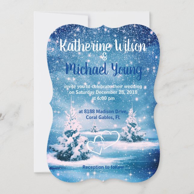 Winter Wedding Invitation - Blue & White Snow (Front)