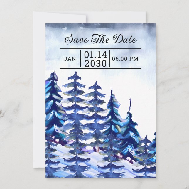 Winter Wedding Invitation Card Mountain Trees Desi (Back)