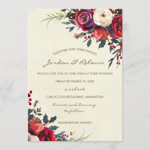 winter wedding invitation roses berries holiday
