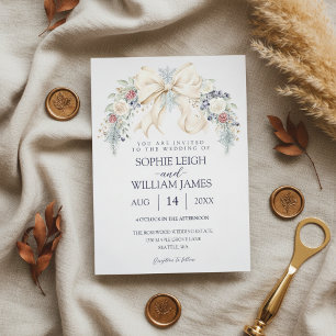 Winter Wedding Invitation with Cream Bow and Flora