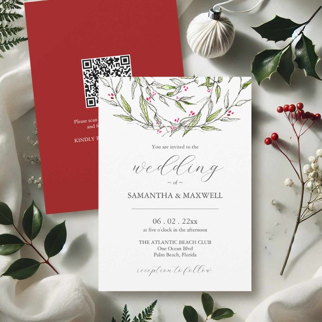 Winter Wedding Invitations with QR Code (Christmas wedding invitations printing with hand painted art by Victoria Grigaliunas Do Tell A Belle)
