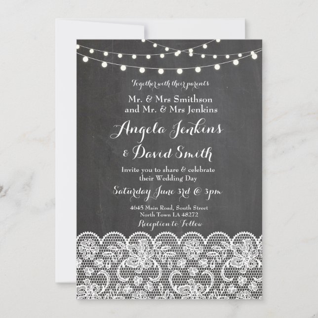 Winter Wedding Lights Chalkboard Lace Party Invite (Front)