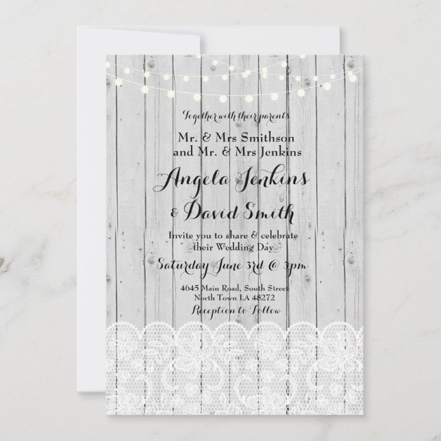 Winter Wedding Lights Wood Lace Party Invitation (Front)