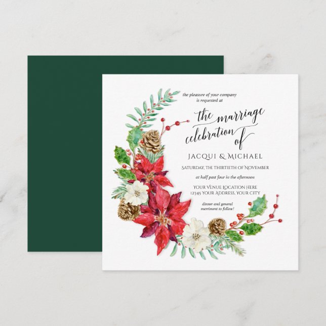 Winter Wedding Marriage Crescent Floral Wreath Invitation (Front/Back)