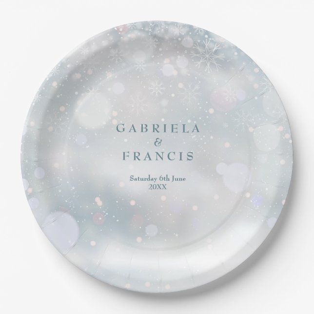 Winter Wedding Modern Elegant Snowflakes  Paper Plate (Front)