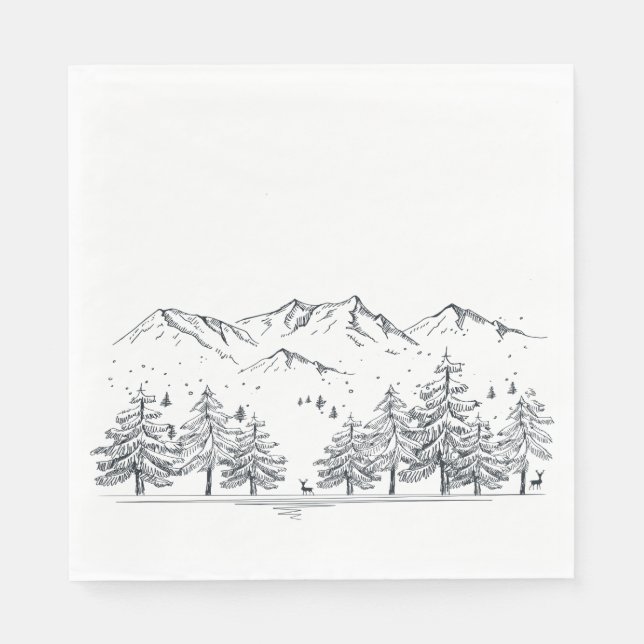Winter Wedding Mountains Nature Trees Black Grey Napkin (Front)