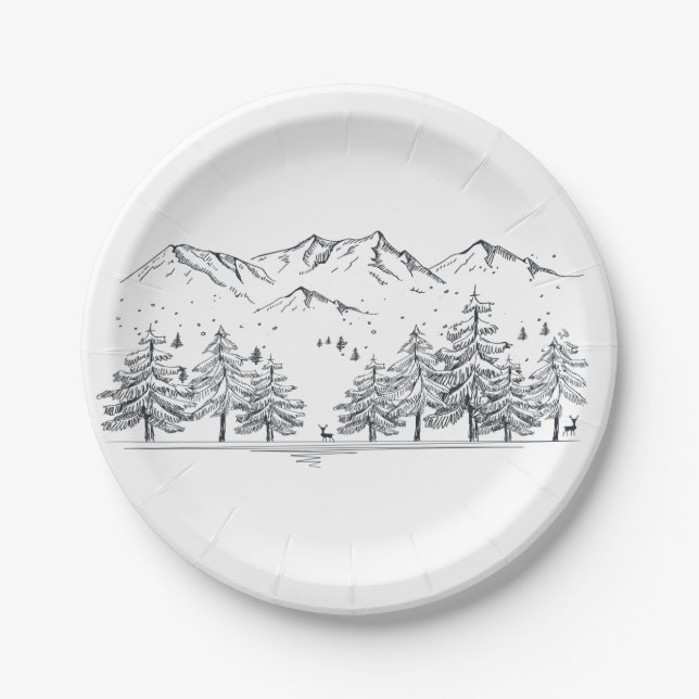Winter Wedding Mountains Nature Trees Country Paper Plate (Front)