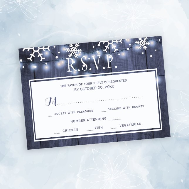 Winter wedding navy white snowflake RSVP card (Creator Uploaded)