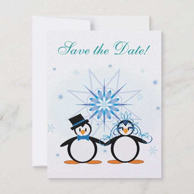 Winter Wedding Penguins Save the Date (Front)