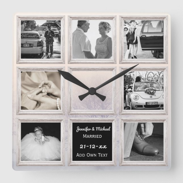 Winter Wedding Photo Collage Or Anniversary Snow Square Wall Clock (Front)