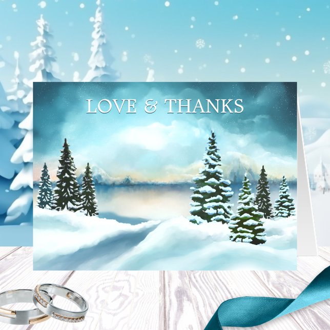 Winter Wedding Photos Thank You Note Card (Photo Wedding Thank You note card featuring a watercolor painting of a winter wonderland scene)