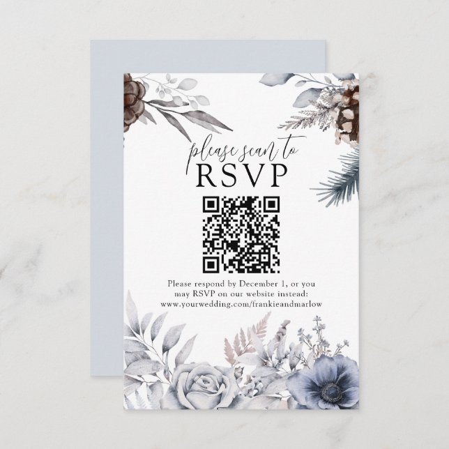 Winter Wedding Pine Cone QR Website RSVP Card (Front/Back)