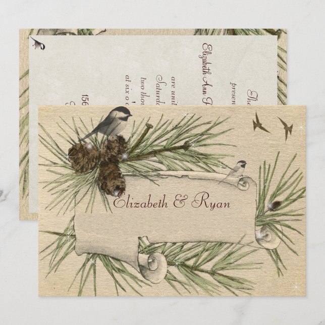 Winter Wedding, Pine Cones Black Cap Chicadee Invitation (Front/Back)