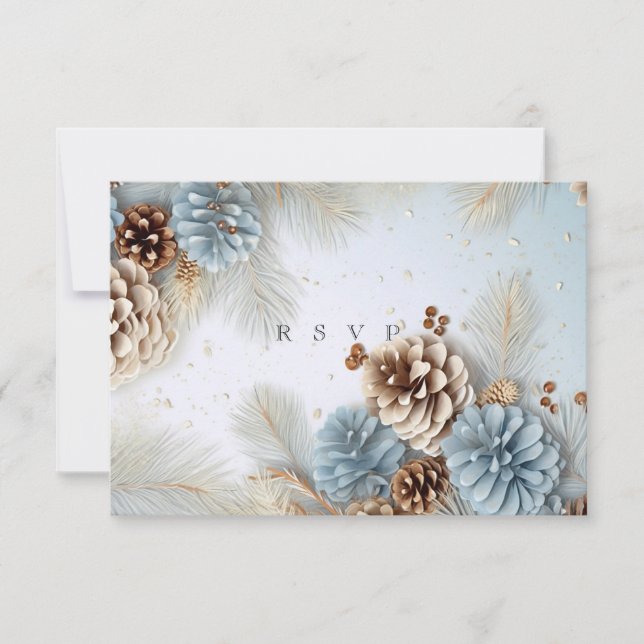 Winter Wedding Pine Cones Blue Brown White RSVP (Front)