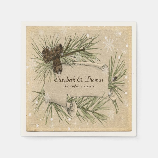 Winter Wedding, Pine Cones, Custom Paper Napkins (Front)