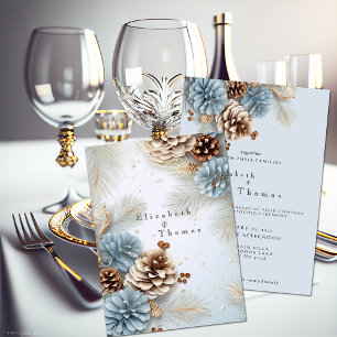 Winter Wedding Pine Cones Modern Blue Brown White Invitation