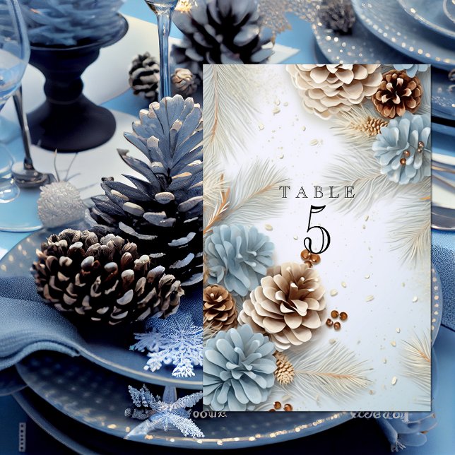 Winter Wedding Pine Cones Modern Blue Brown White  Table Number (Creator Uploaded)