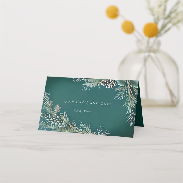 Winter Wedding Pine Cones  Pineberries Green White Place Card (Front)