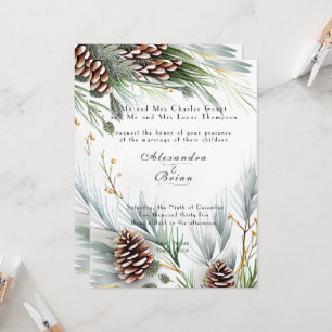 Winter Wedding Pine Cones Snow Pine Branches   Invitation