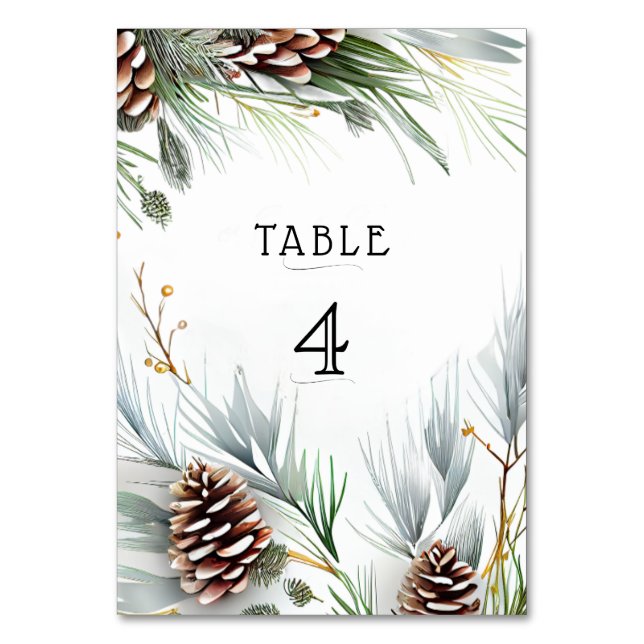 Winter Wedding Pine Cones Snow Pine Branches   Table Number (Front)