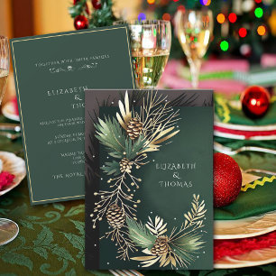 Winter Wedding Pine Cones with Gold Pine Needles Invitation