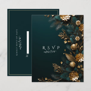 Winter Wedding Pine Cones with Gold Pine Needles RSVP Card